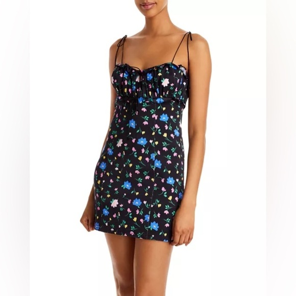 NWT For Love and Lemons Robin Mini Dress Floral Tie Straps Linen Black Frilly - Picture 3 of 16